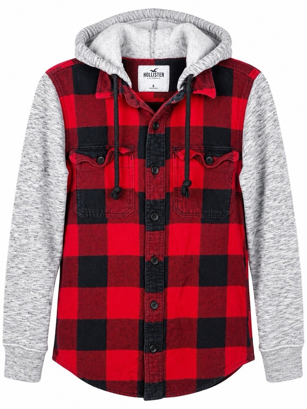Hollister Mens S Hooded Flannel Shirt Red Black Buffalo Plaid Gray Y2K Grunge